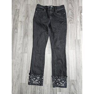 LOFT Jeans Womens 2 / 26 Black Modern Straight Embroidered Cuffed Floral Raw Hem